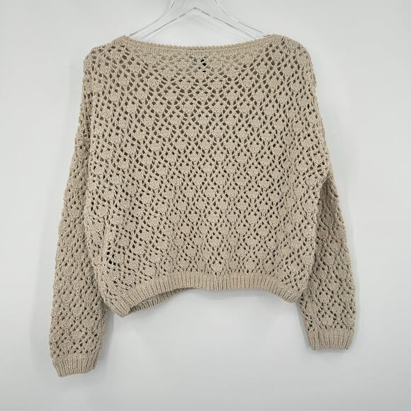Moon & Madison cropped pullover sweater open knit crochet crew tan boho M - Picture 3 of 7